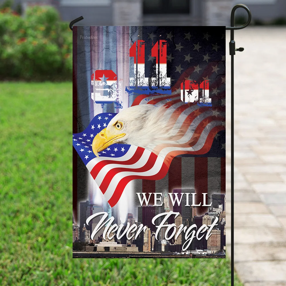 Patriotic 9/11 Memorial Flag - We Will Never Forget Tribute with Bald Eagle and American Flag-W240725-01-mk-1