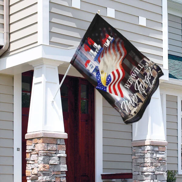 Patriotic 9/11 Memorial Flag - We Will Never Forget Tribute with Bald Eagle and American Flag-W240725-01-mk-2