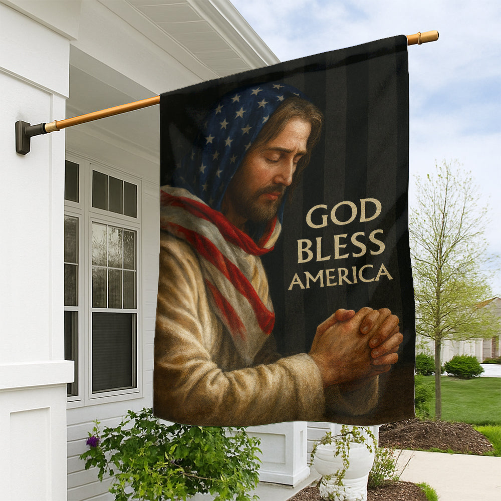 Patriotic Christian Flag - God Bless America Featuring Jesus in Prayer with American Flag-W080725-6-mk1