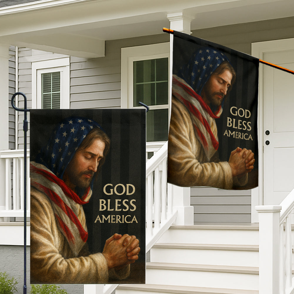 Patriotic Christian Flag - God Bless America Featuring Jesus in Prayer with American Flag-W080725-6-mk2