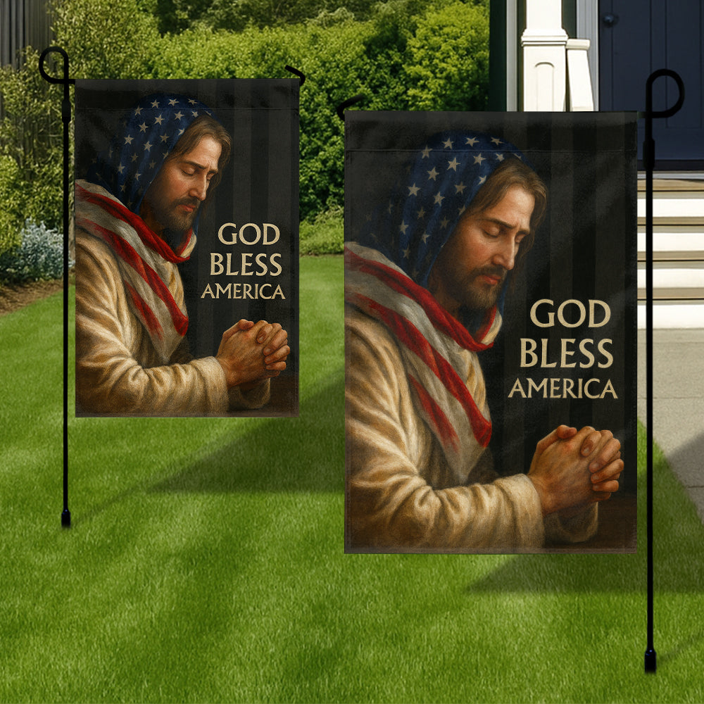 Patriotic Christian Flag - God Bless America Featuring Jesus in Prayer with American Flag-W080725-6-mk3