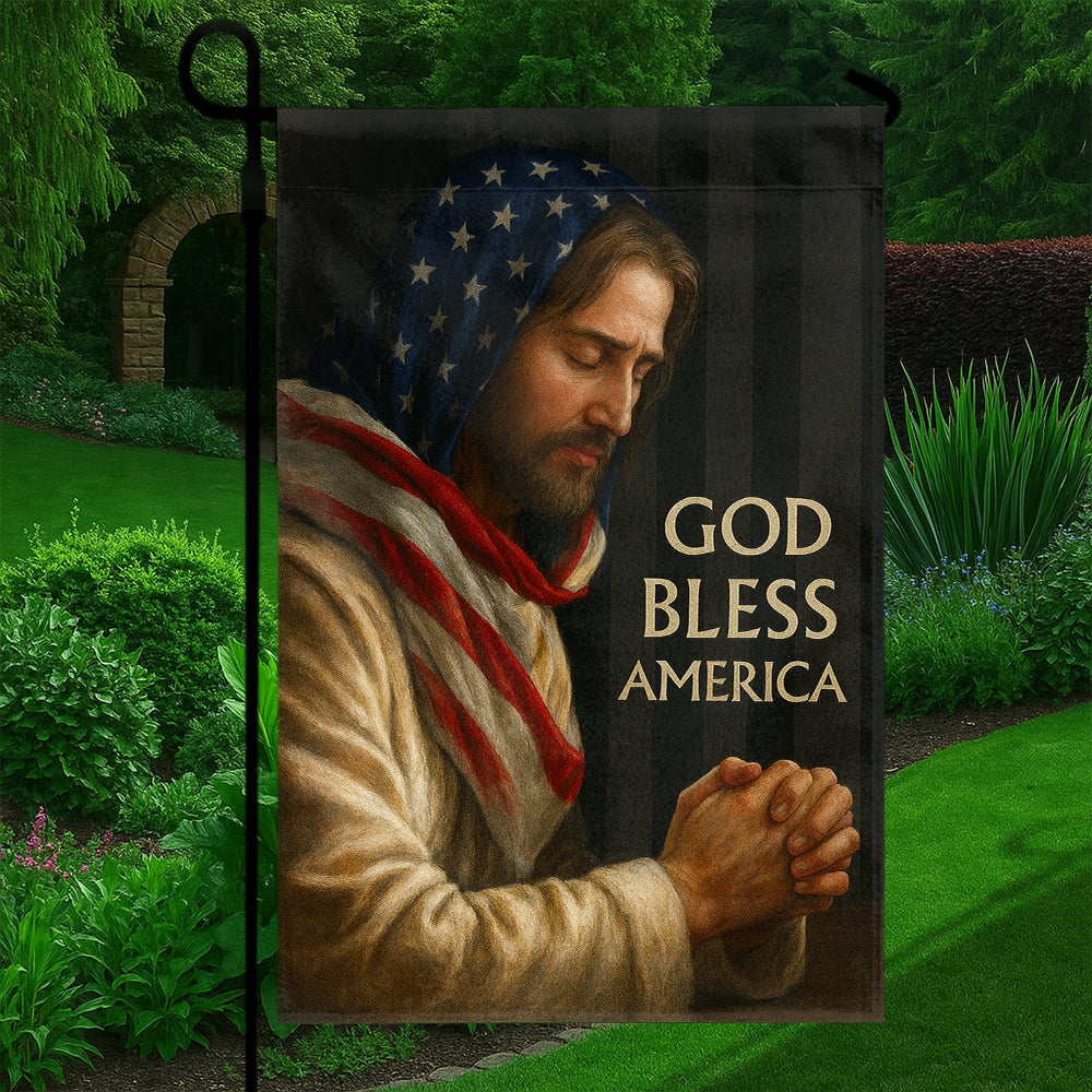 Patriotic Christian Flag - God Bless America Featuring Jesus in Prayer with American Flag-W080725-6-mk5