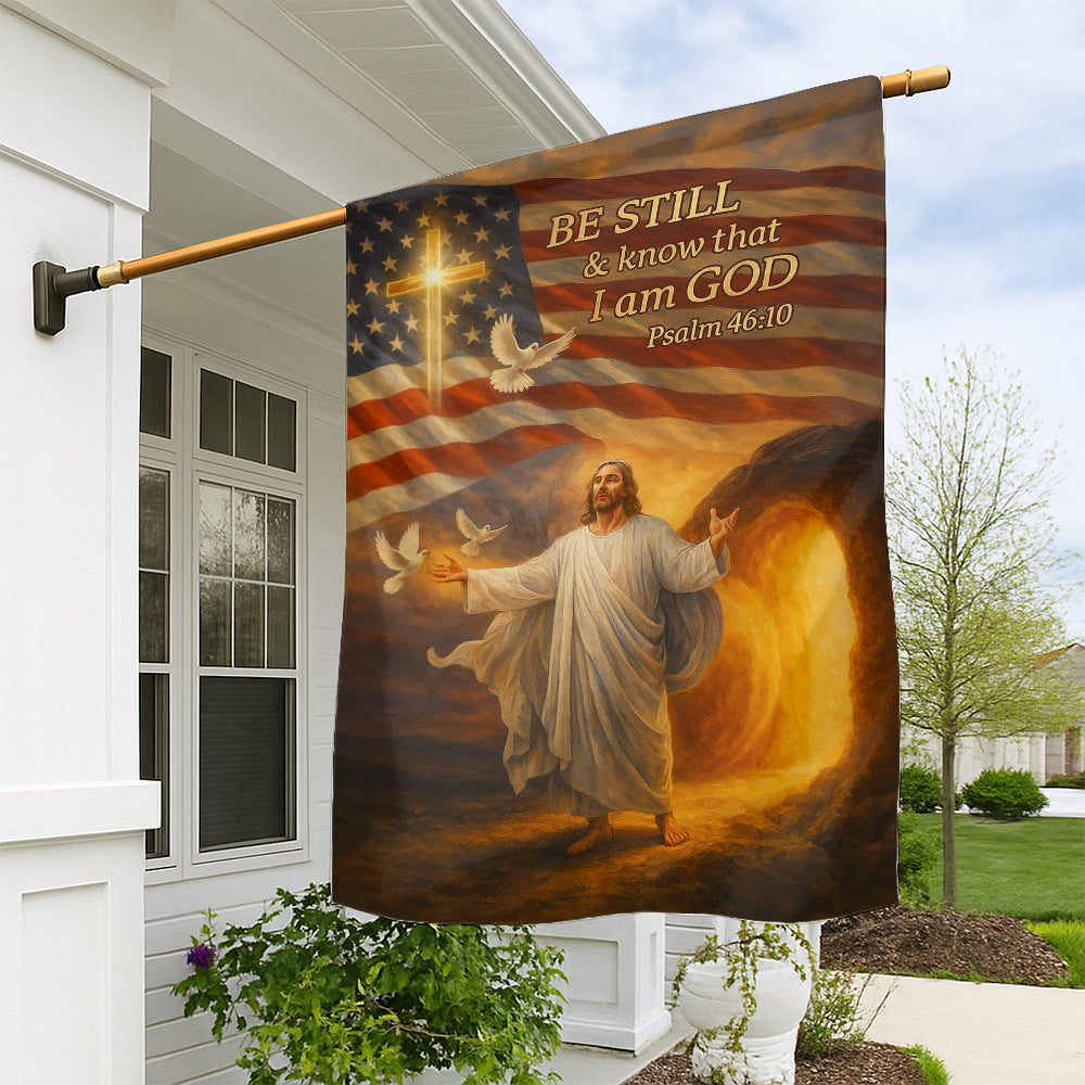 Patriotic Christian Flag - Jesus Resurrection Flag with American Flag and Psalm 46:10 Bible Verse-W080725-4-mk1