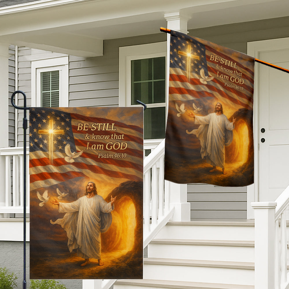 Patriotic Christian Flag - Jesus Resurrection Flag with American Flag and Psalm 46:10 Bible Verse-W080725-4-mk2