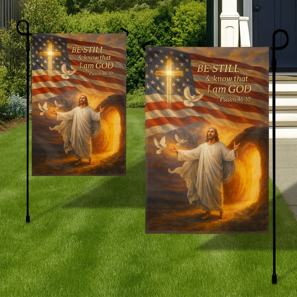 Patriotic Christian Flag - Jesus Resurrection Flag with American Flag and Psalm 46:10 Bible Verse-W080725-4-mk3