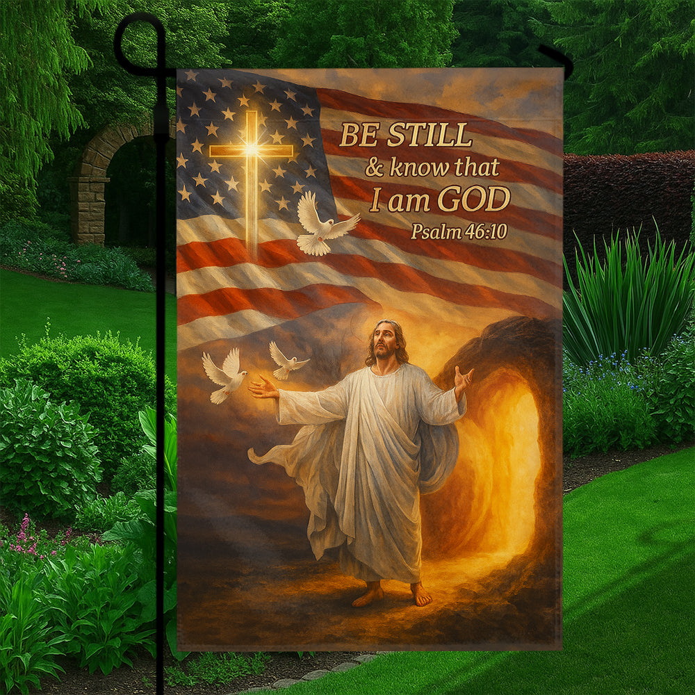 Patriotic Christian Flag - Jesus Resurrection Flag with American Flag and Psalm 46:10 Bible Verse-W080725-4-mk5