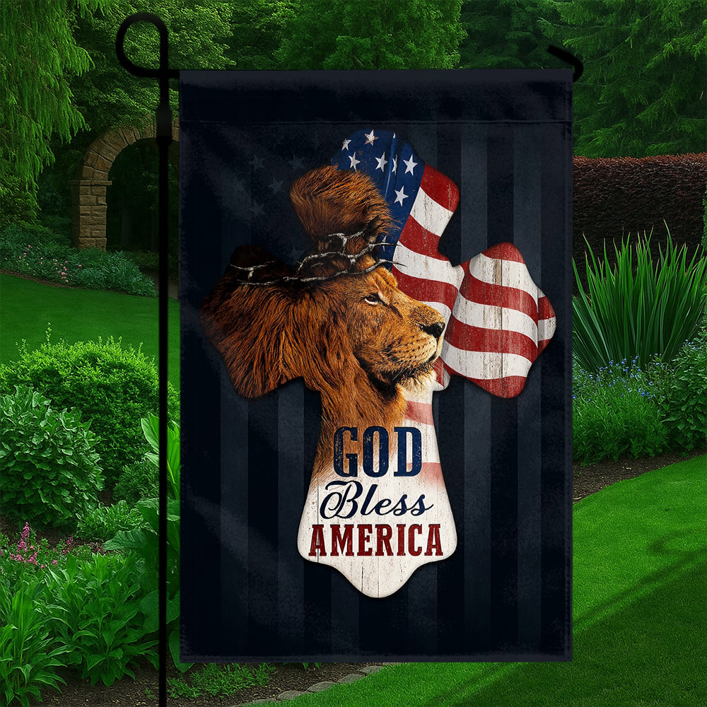 Patriotic Christian Flag – God Bless America Lion Cross with American Flag Design-W080725-3-mk5
