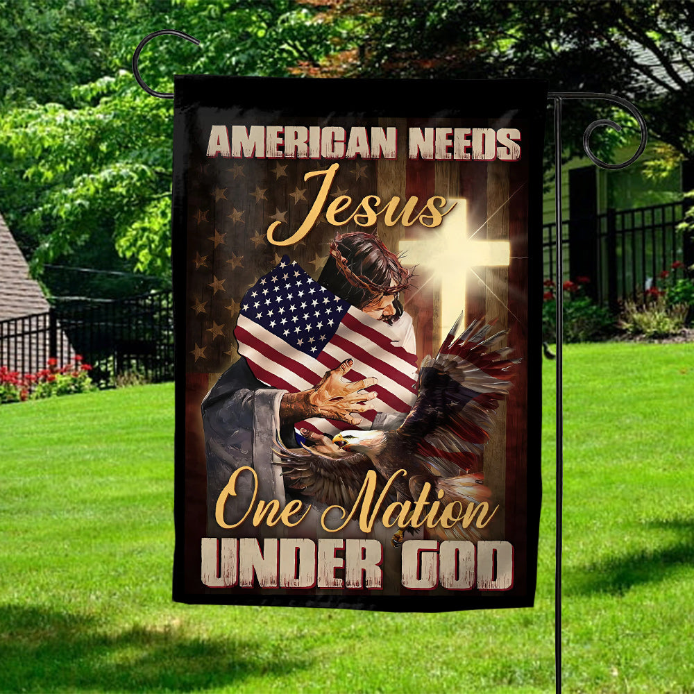 Patriotic Christian Flag with Eagle & Cross – American Needs Jesus, One Nation Under God-W070725-1-mk1
