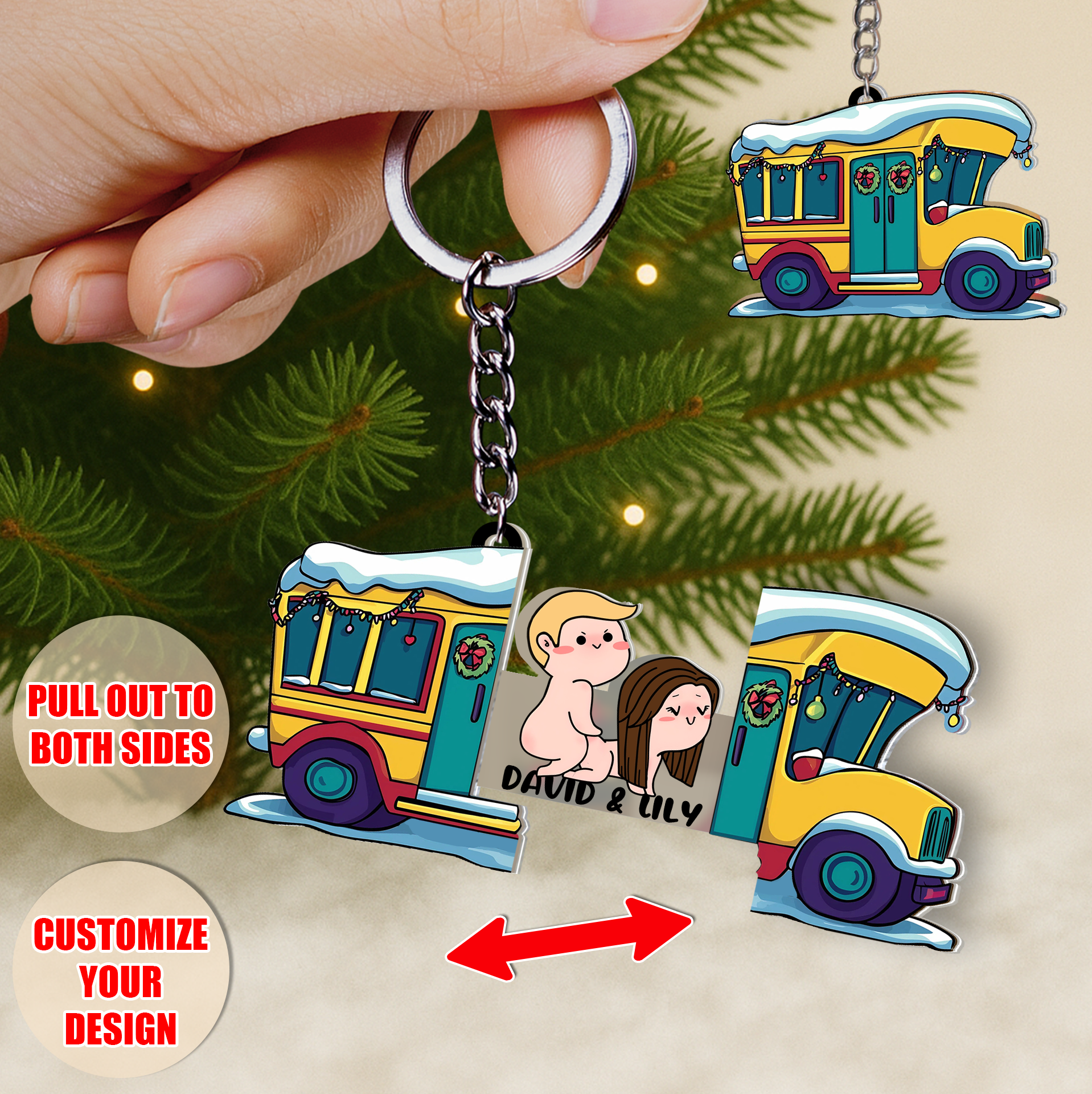 Personalized Bus Sliding Reveal Acrylic Keychain with Hidden Couple Design-P2510-2201-mk3