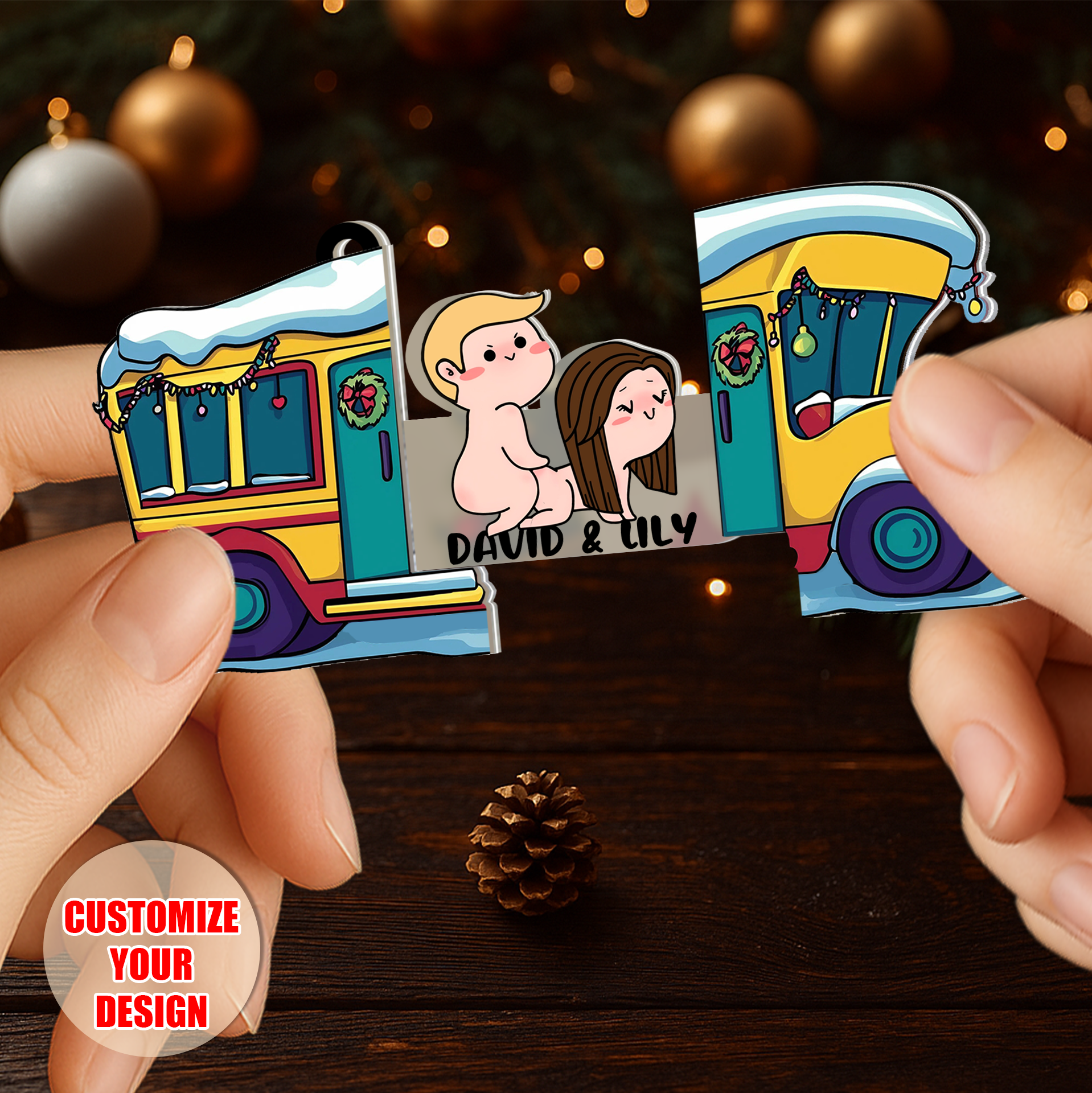 Personalized Bus Sliding Reveal Acrylic Keychain with Hidden Couple Design-P2510-2201-mk4