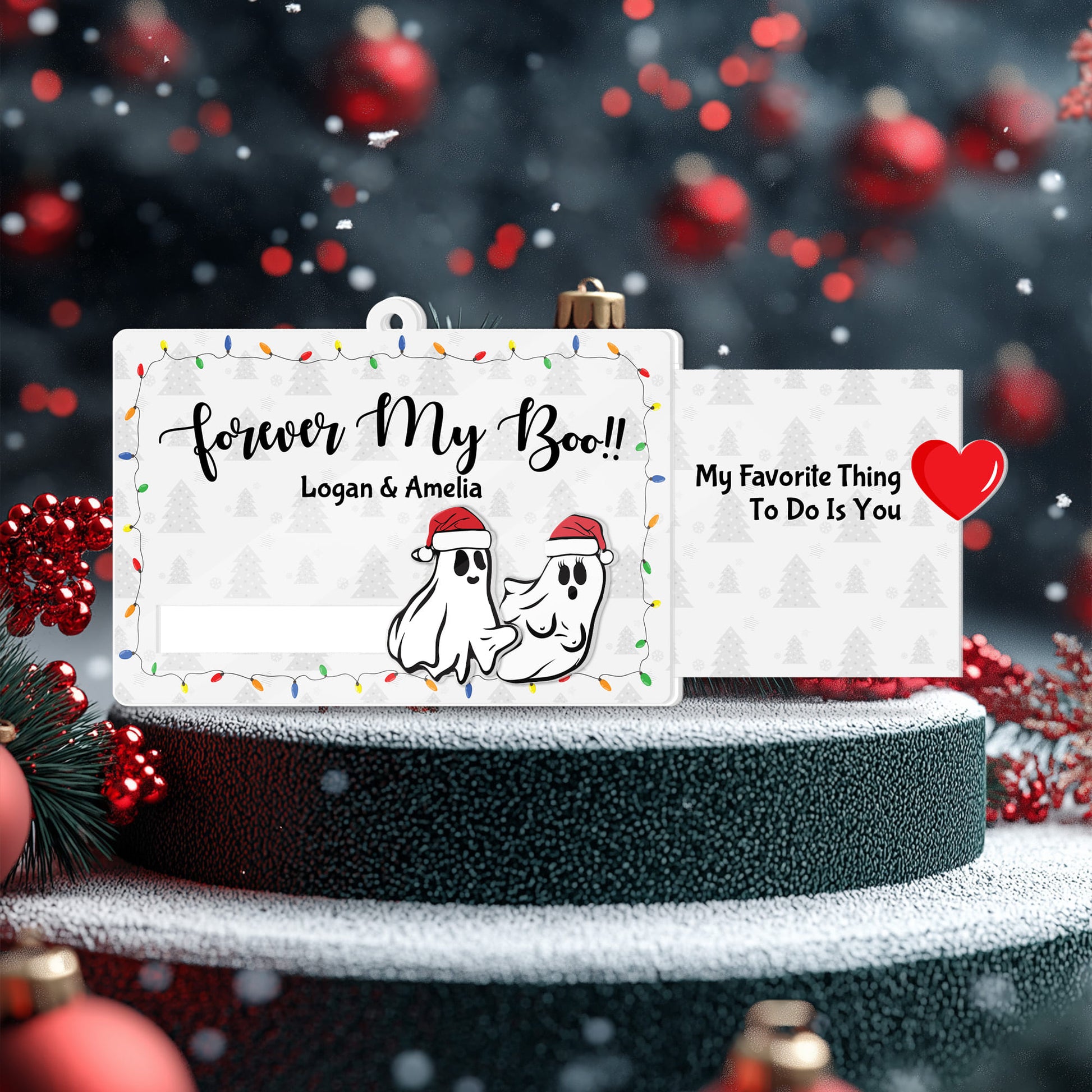 Interactive wood slider ornament revealing a funny romantic message for couples Christmas gift