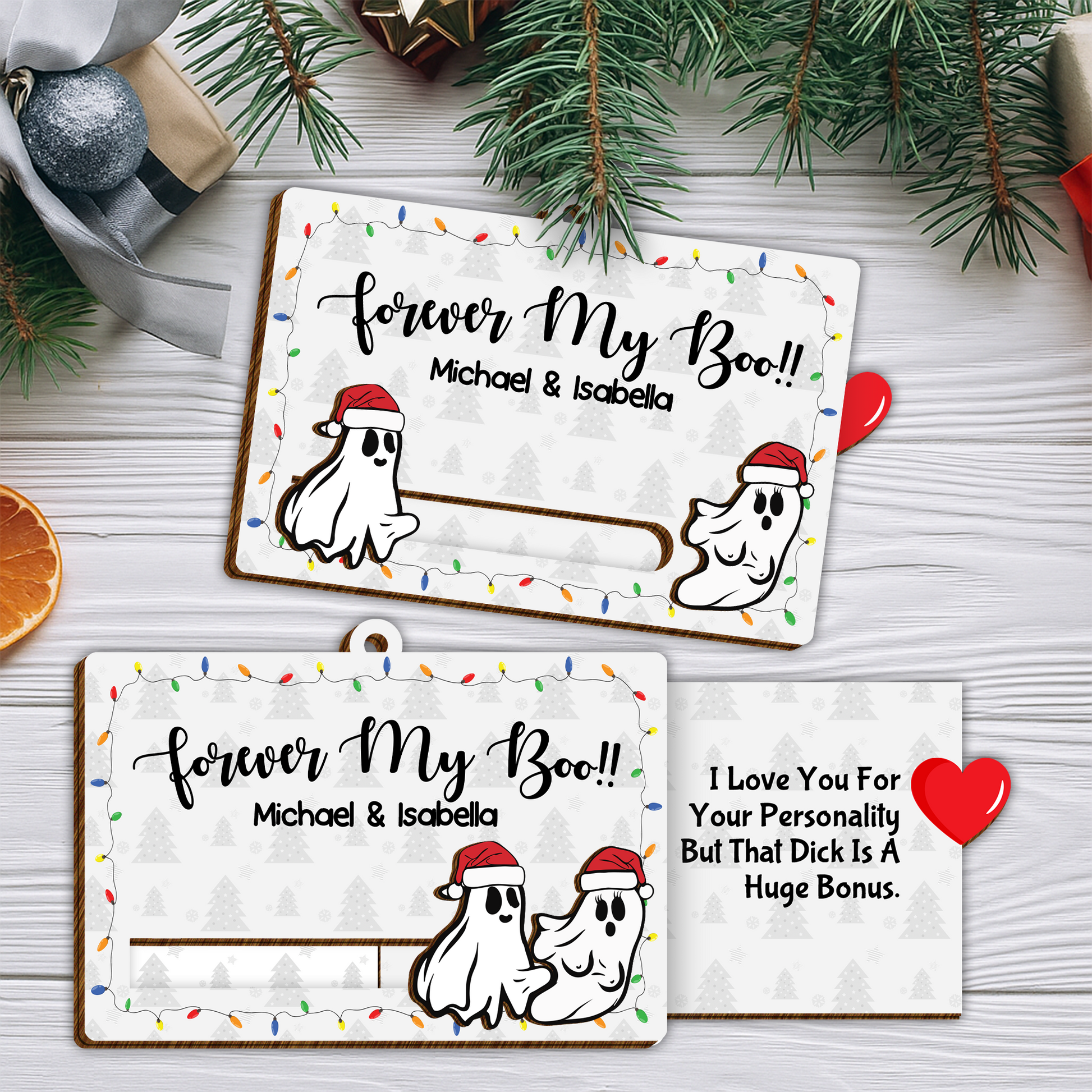 Personalized Forever My Boo Slider Ornament with hidden naughty message and custom names