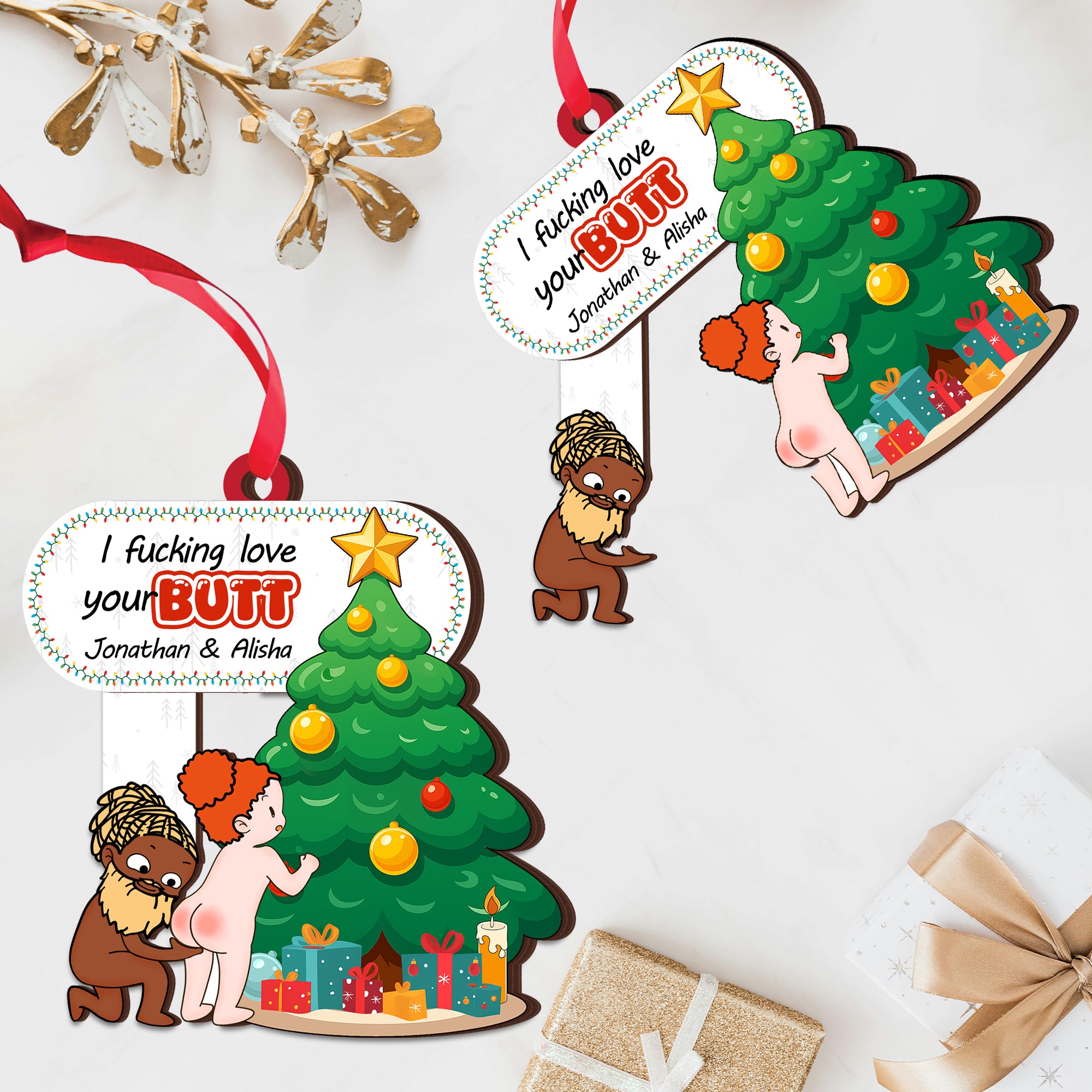 Personalized Shaking Wooden Christmas Ornament - Custom Funny Couple Holiday Decoration-P2511-1301-mk1