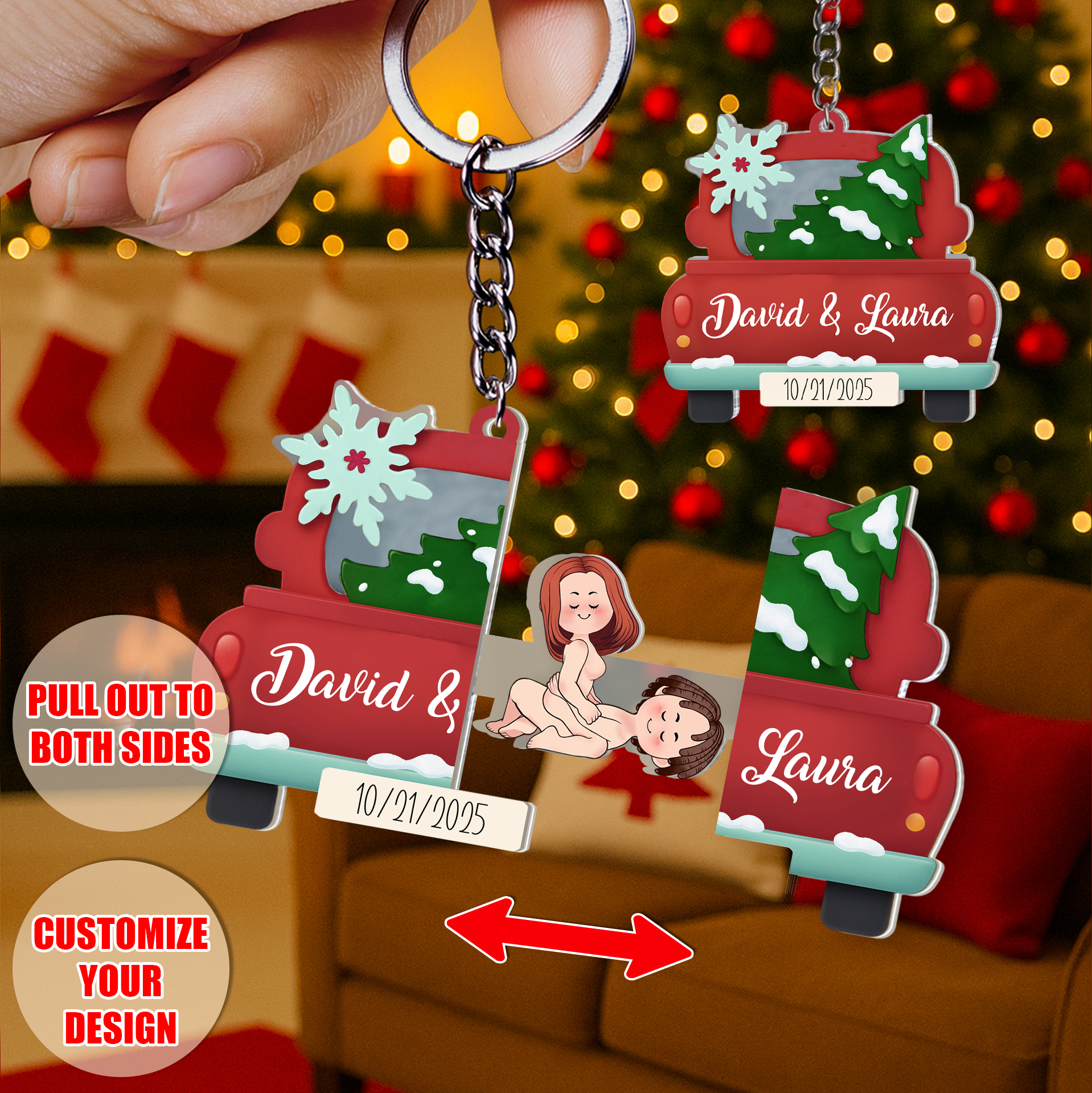 Personalized Sliding Reveal Acrylic Keychain - Custom Car Xmas Keychain Couple Gift-P2509-2202-mk1