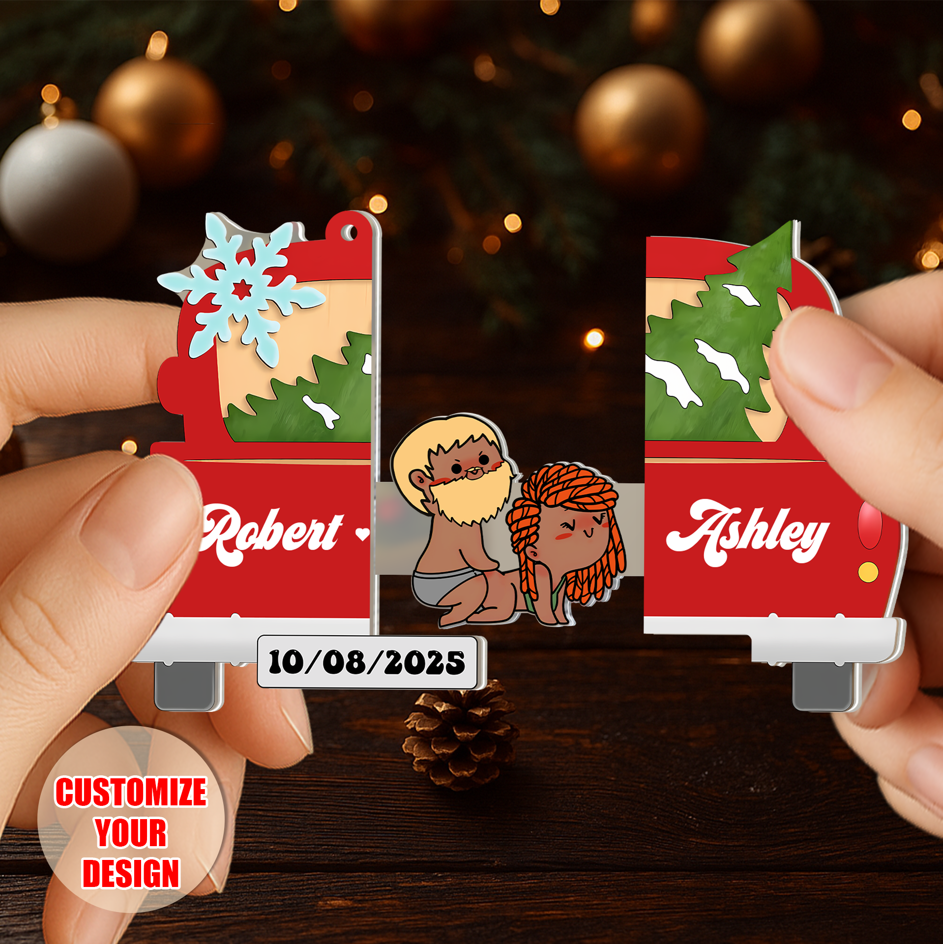 Personalized Sliding Reveal Acrylic Keychain - Custom Christmas Truck Couple Gift-P2509-2203-mk2