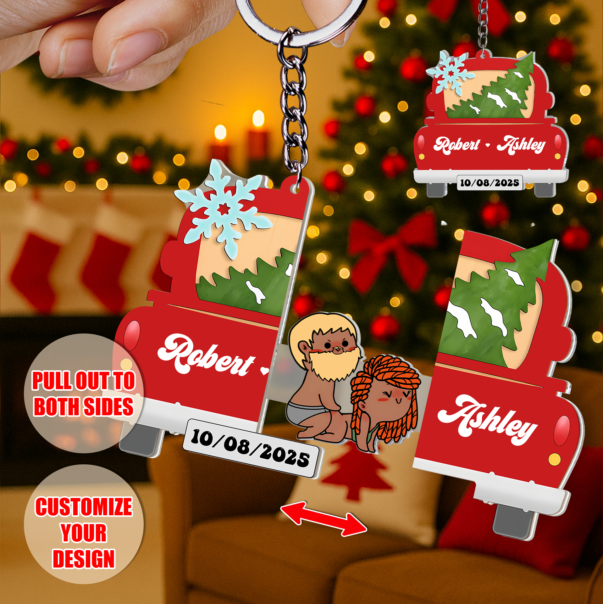 Personalized Sliding Reveal Acrylic Keychain - Custom Christmas Truck Couple Gift-P2509-2203-mk3