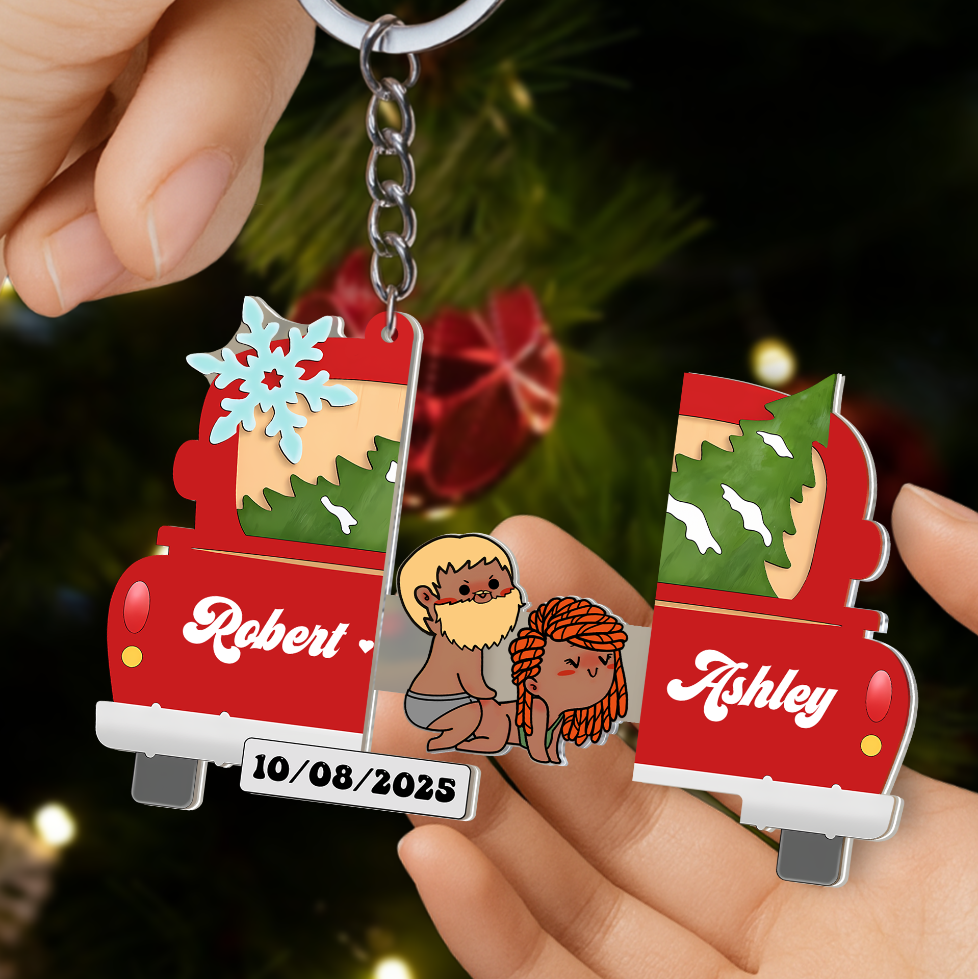 Personalized Sliding Reveal Acrylic Keychain - Custom Christmas Truck Couple Gift-P2509-2203-mk5