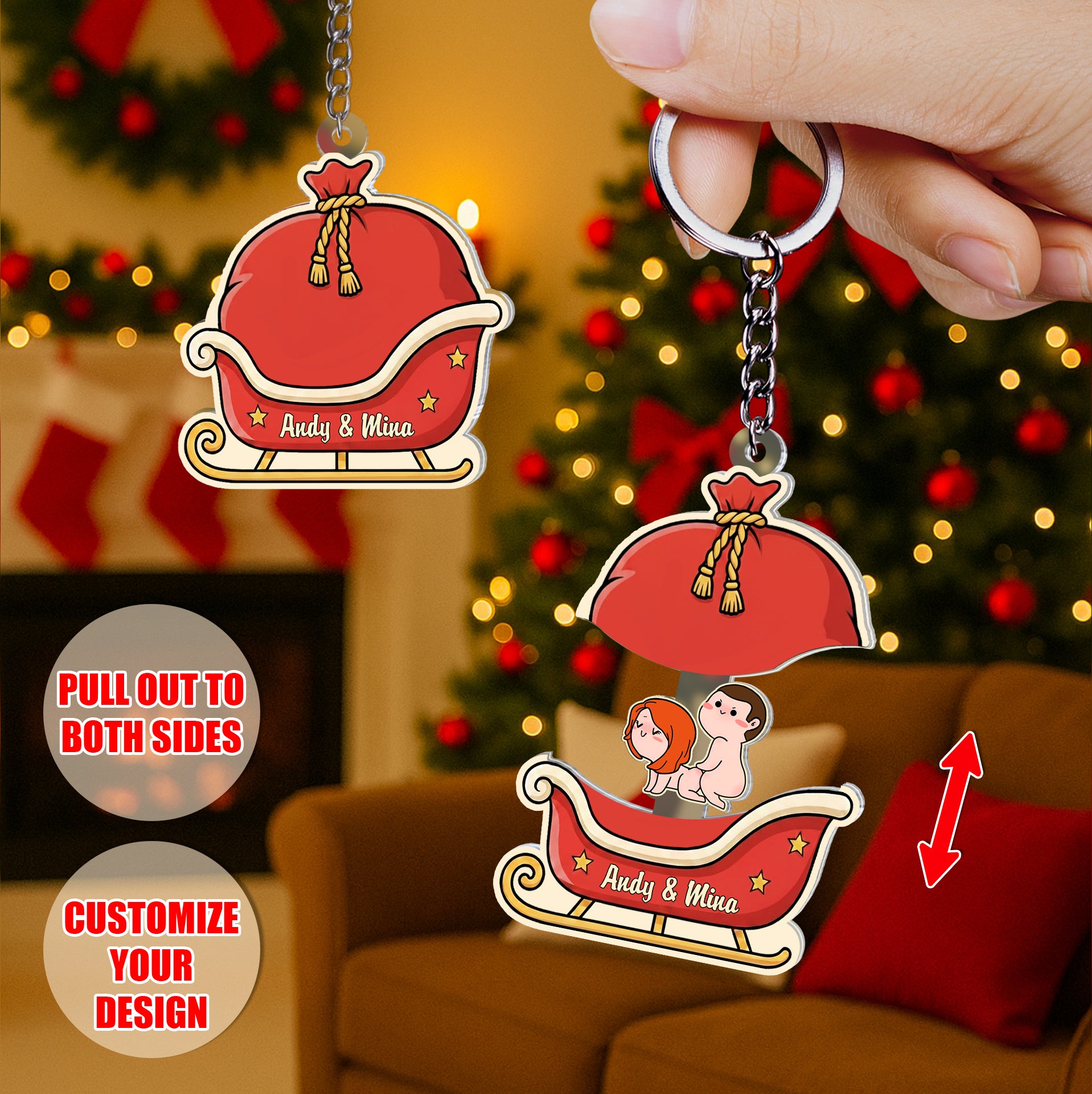 Personalized Sliding Reveal Acrylic Keychain - Custom Couple Christmas Sleigh Gift-P2510-1503-mk4