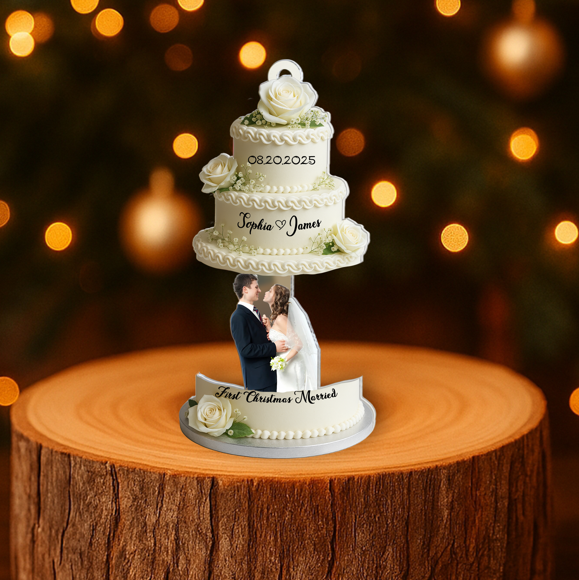 Sliding reveal keychain pulled open to show a hidden custom wedding photo of a couple in front of a Christmas tree