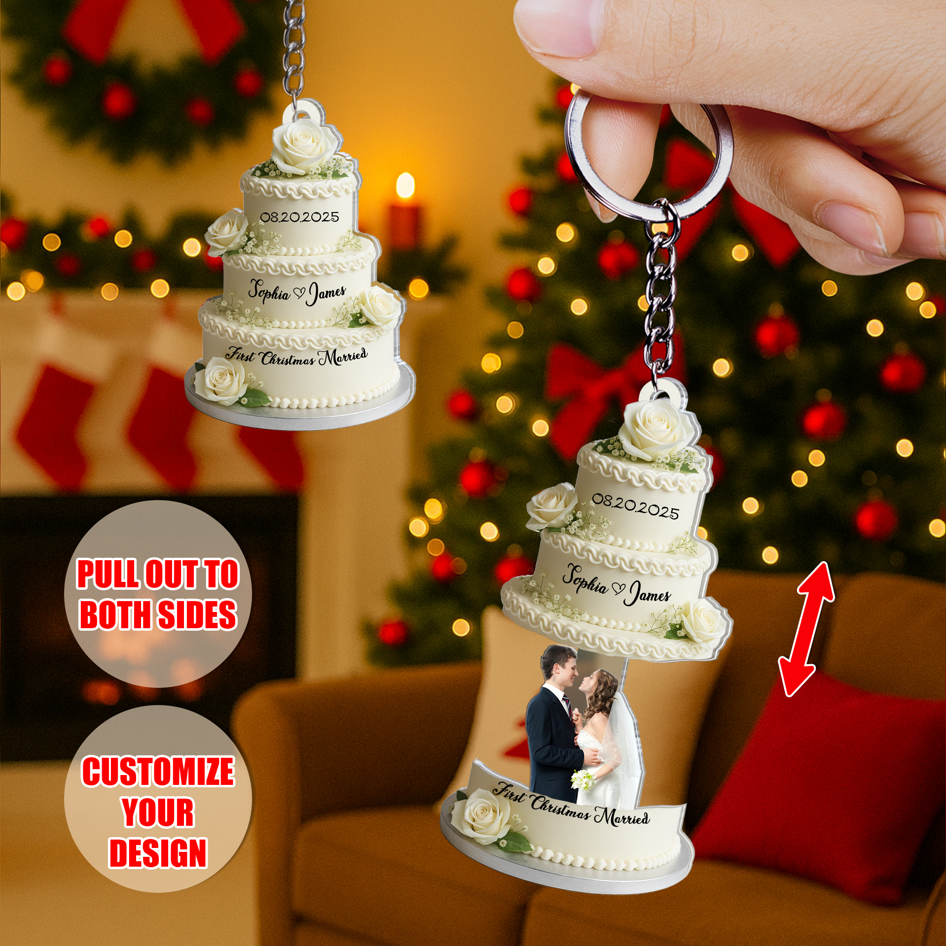 Personalized wedding cake acrylic keychain with custom names