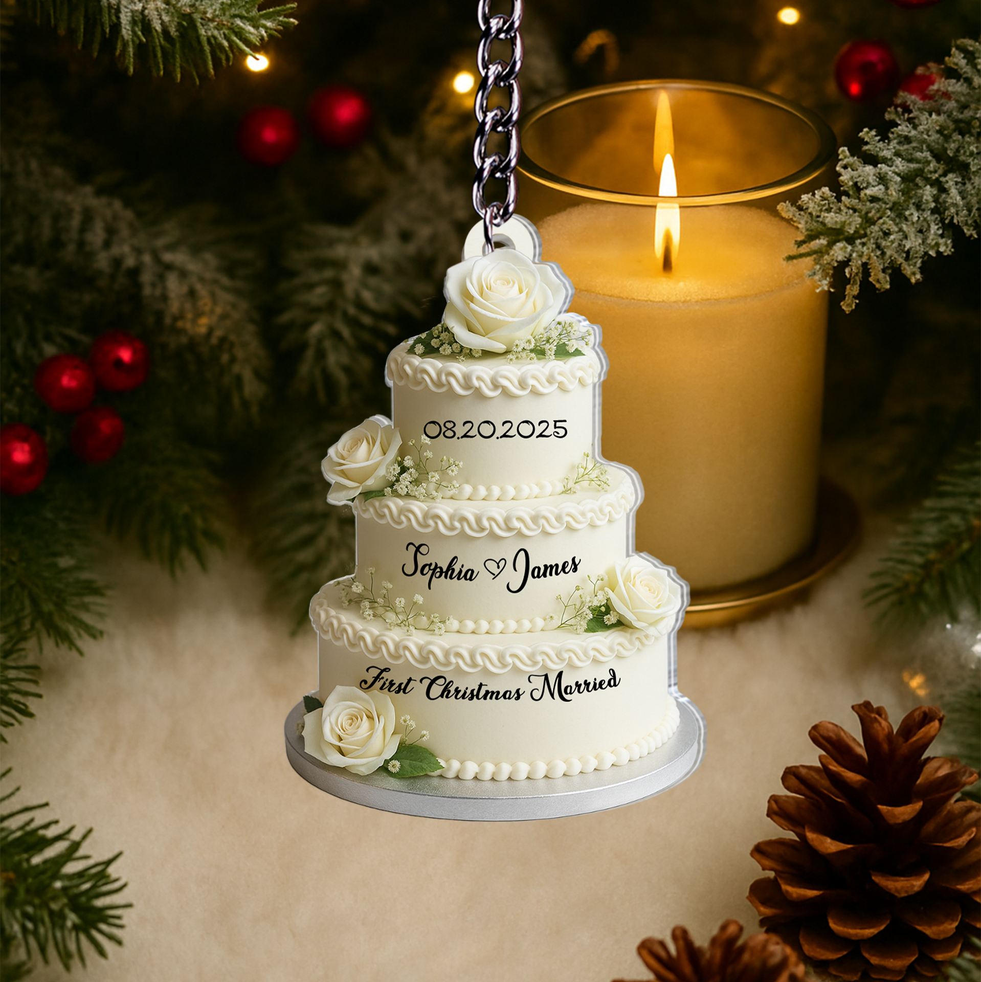 Custom photo wedding gift keychain hanging in front of a blurry holiday living room background