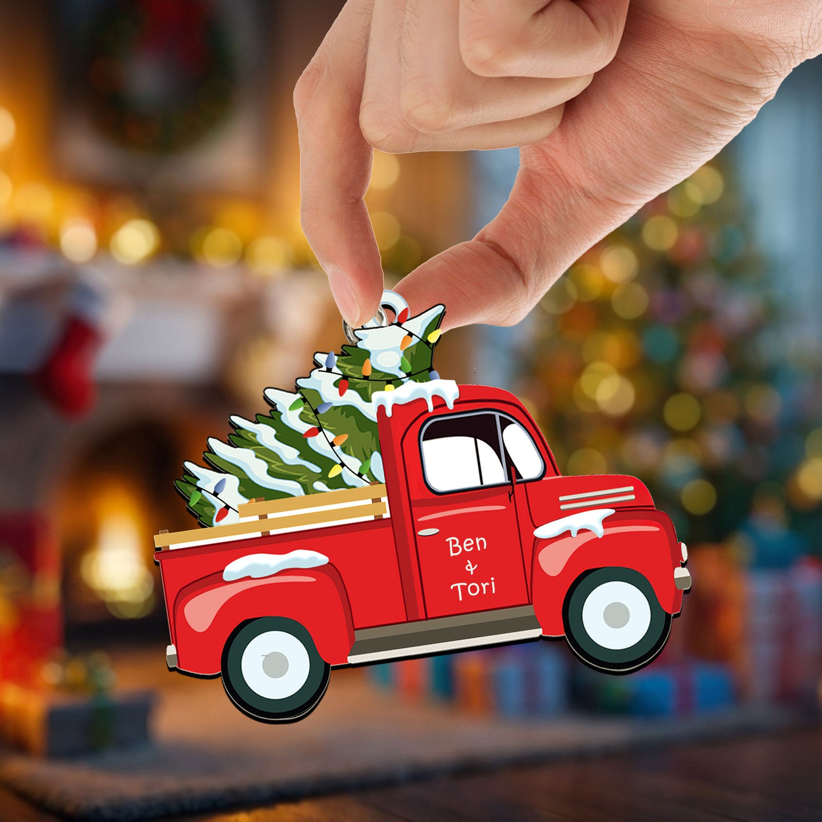 Red Truck Christmas Keychain - Personalized Sliding Reveal Gift for Couples-P2509-1001-mk1