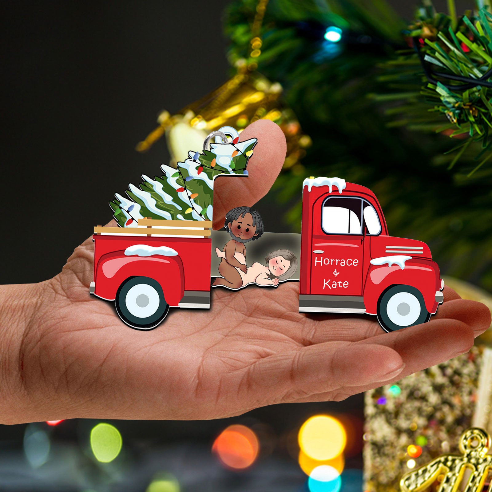 Red Truck Christmas Keychain - Personalized Sliding Reveal Gift for Couples-P2509-1001-mk2