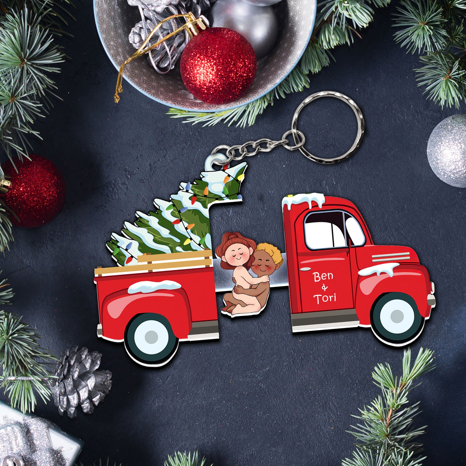 Red Truck Christmas Keychain - Personalized Sliding Reveal Gift for Couples-P2509-1001-mk3