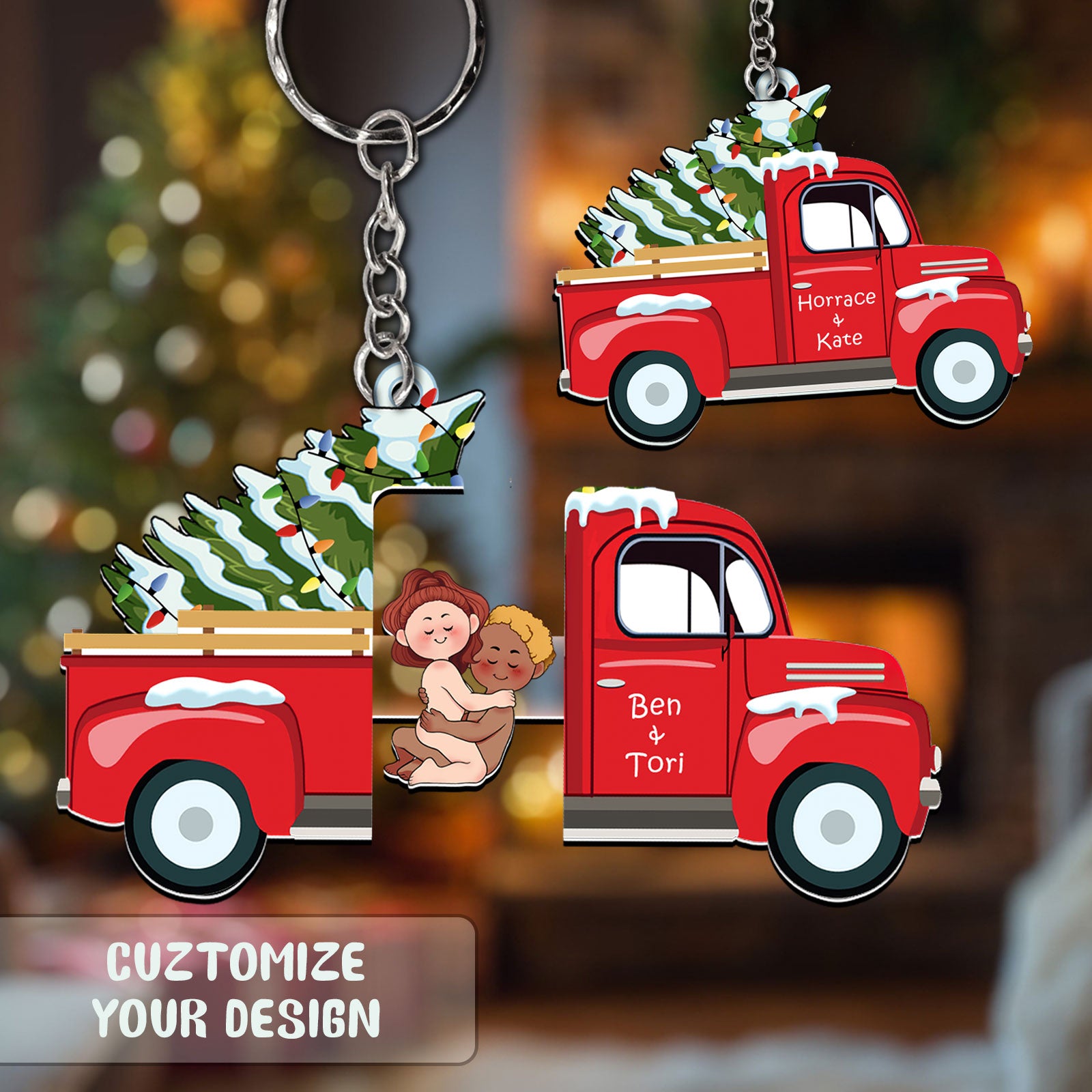 Red Truck Christmas Keychain - Personalized Sliding Reveal Gift for Couples-P2509-1001-mk5