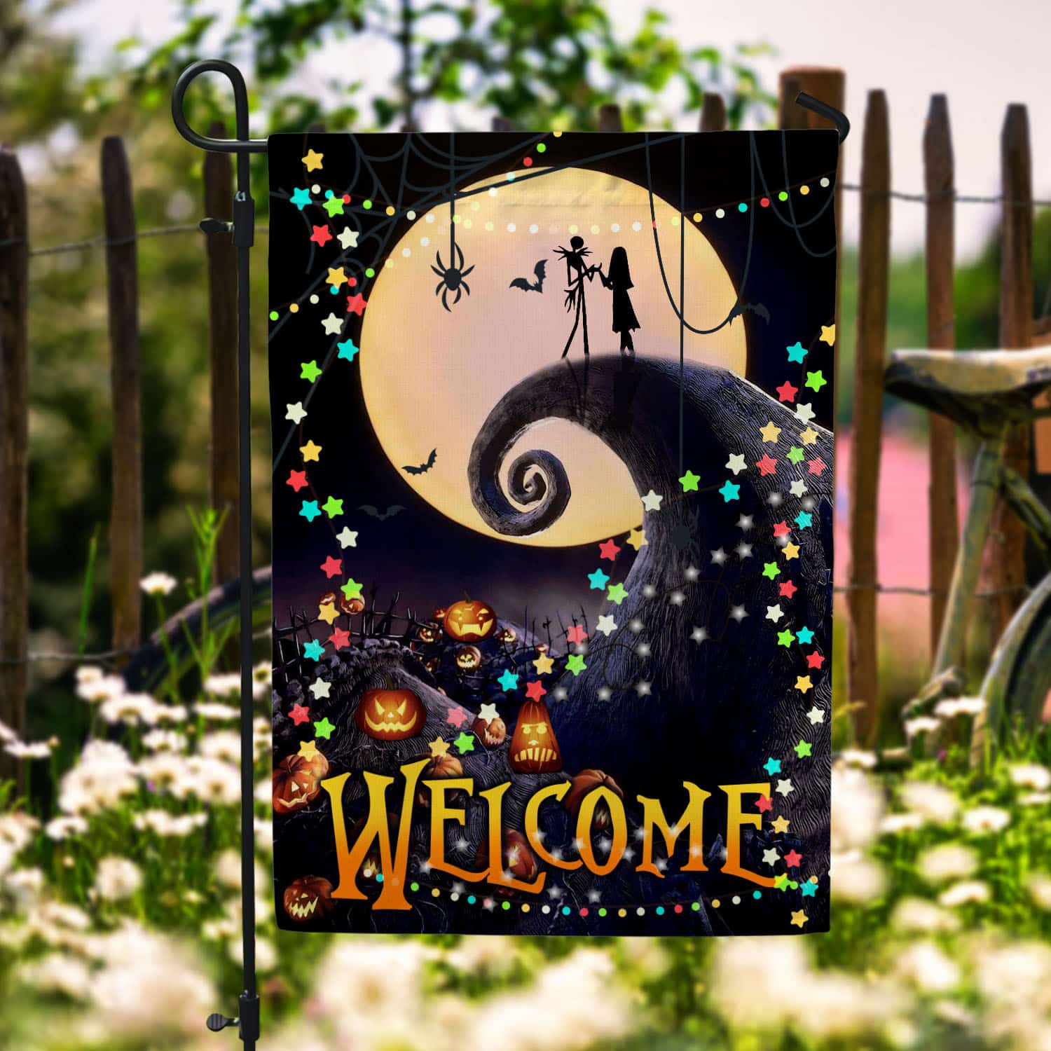Spooky Halloween Welcome Flag - Moonlit Hill and Pumpkin Patch Design-W170725-12-mk-2