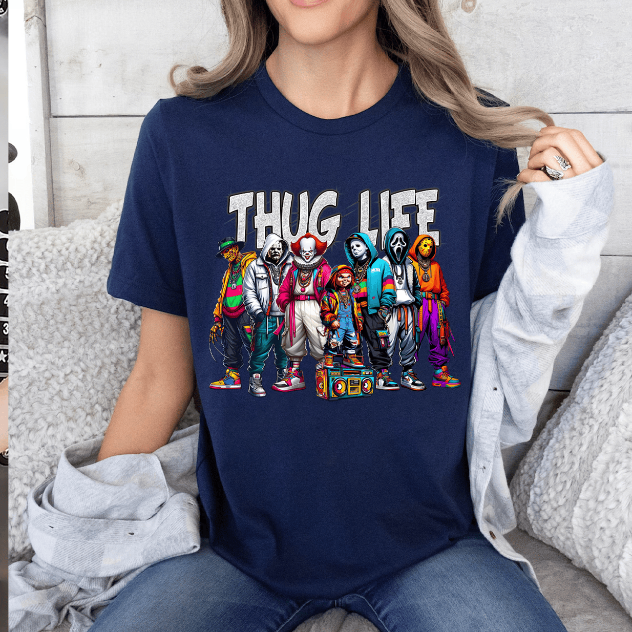 Thug Life Horror Characters T-Shirt - Funny Hip Hop Streetwear Tee for Men & Women-W240725-09-mk2