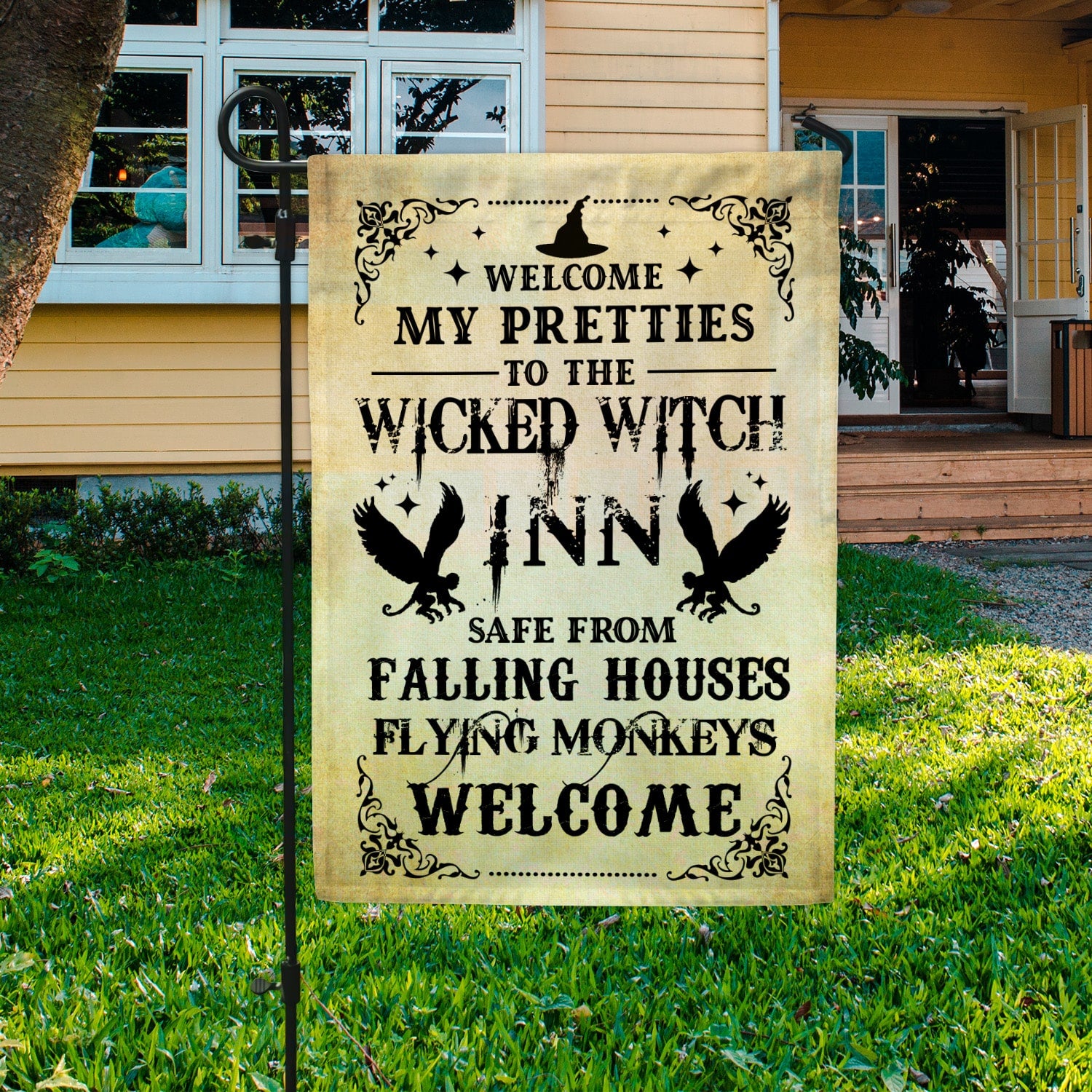 Wicked Witch Inn Flag - Funny Halloween Welcome Sign with Flying Monkeys-W170725-10-mk-1