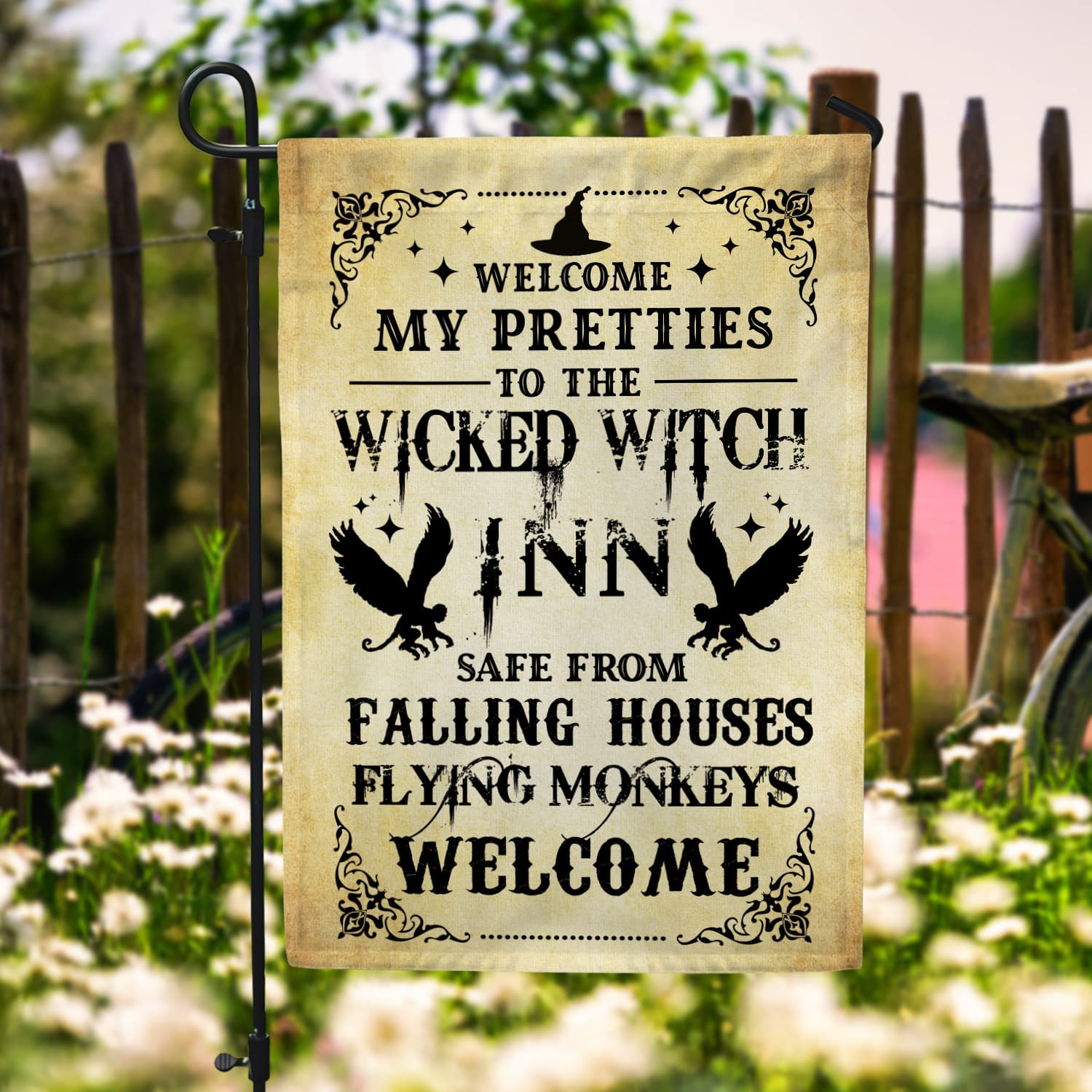 Wicked Witch Inn Flag - Funny Halloween Welcome Sign with Flying Monkeys-W170725-10-mk-2