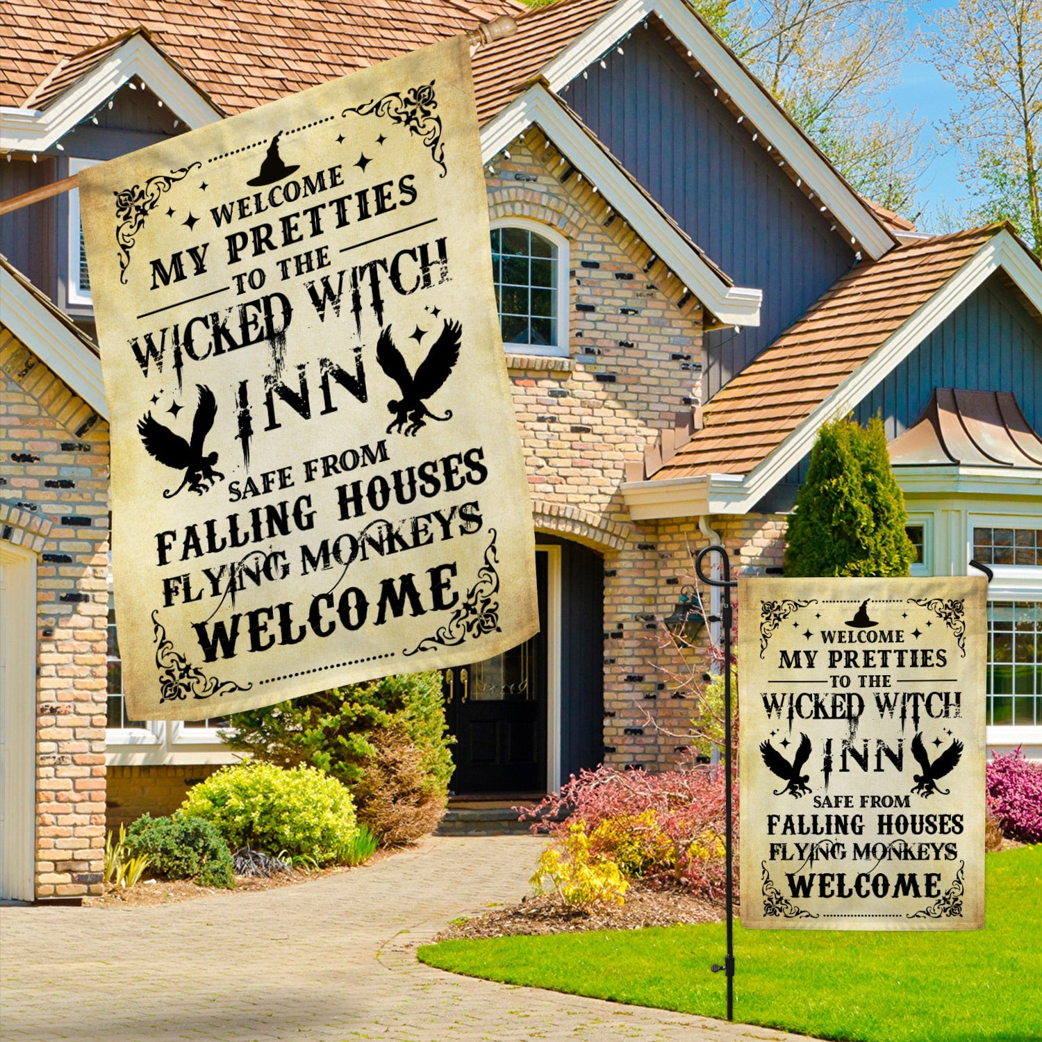 Wicked Witch Inn Flag - Funny Halloween Welcome Sign with Flying Monkeys-W170725-10-mk-3