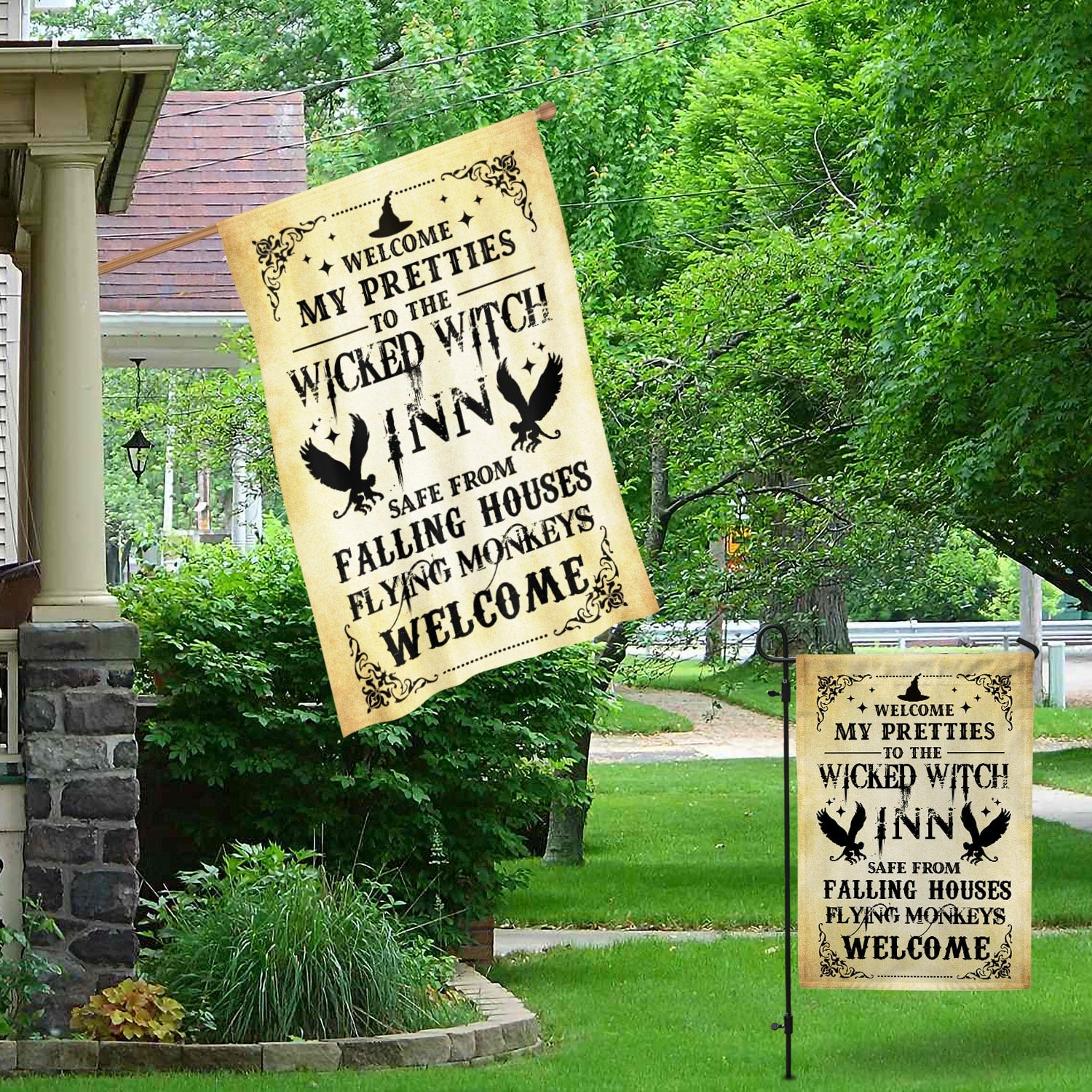 Wicked Witch Inn Flag - Funny Halloween Welcome Sign with Flying Monkeys-W170725-10-mk-4