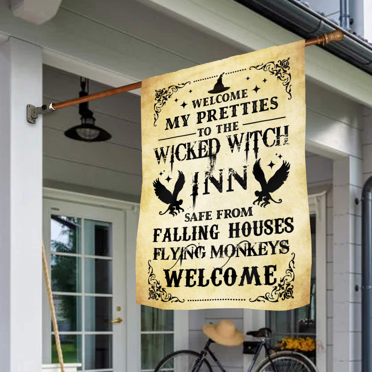 Wicked Witch Inn Flag - Funny Halloween Welcome Sign with Flying Monkeys-W170725-10-mk-5