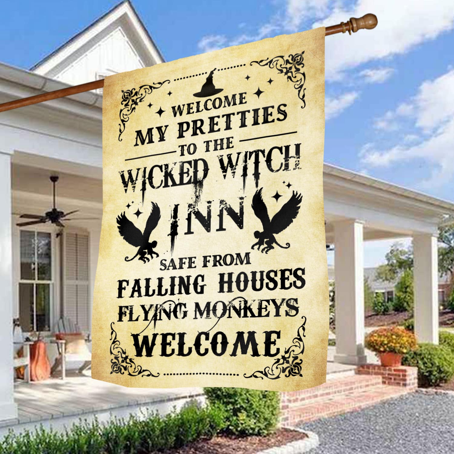 Wicked Witch Inn Flag - Funny Halloween Welcome Sign with Flying Monkeys-W170725-10-mk-6