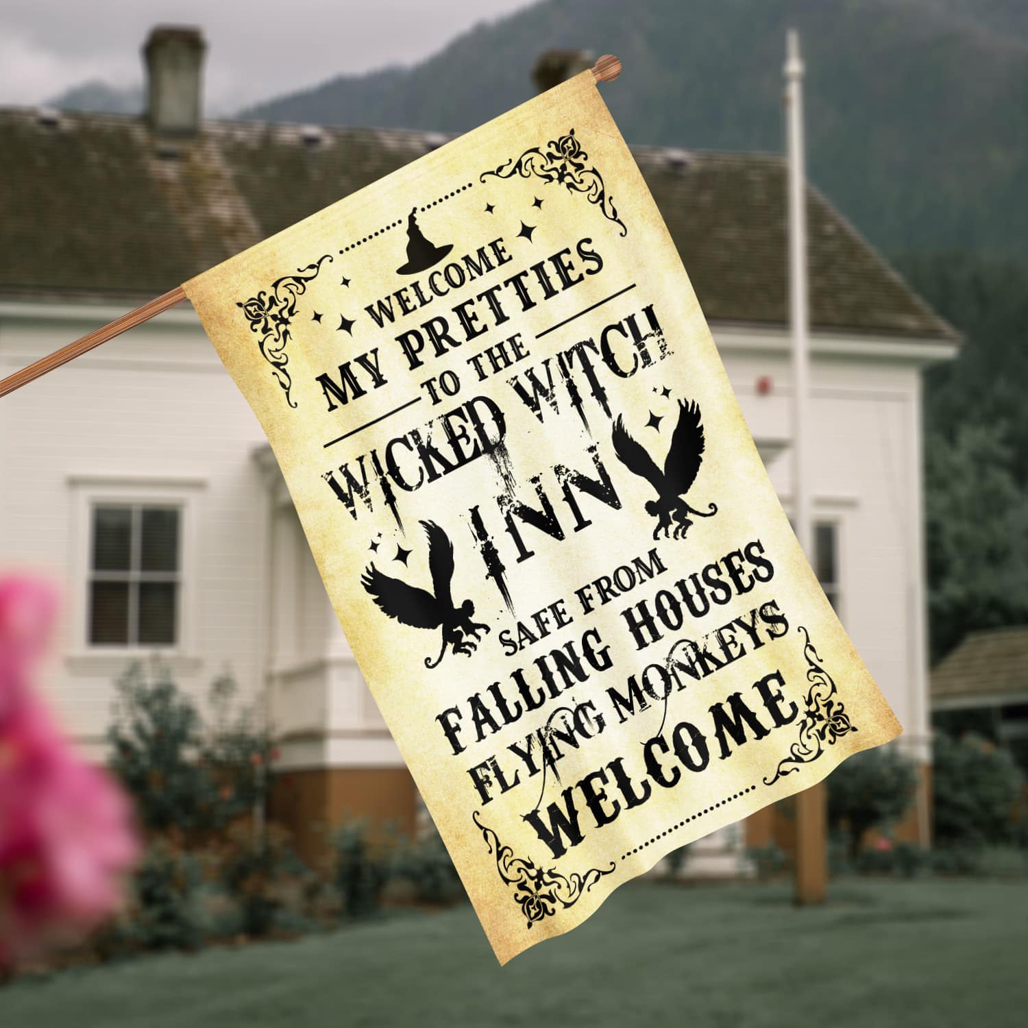 Wicked Witch Inn Flag - Funny Halloween Welcome Sign with Flying Monkeys-W170725-10-mk-7